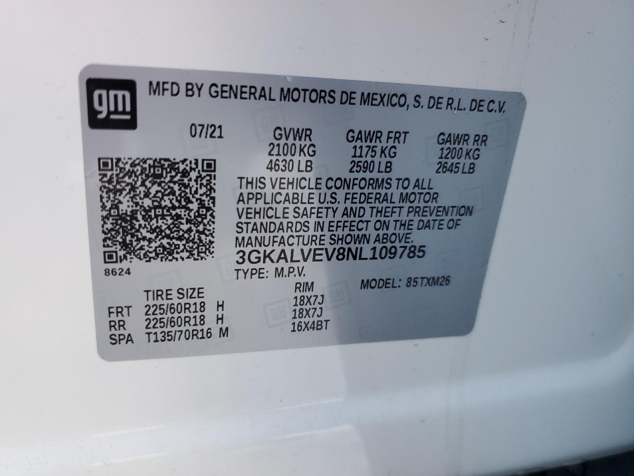 2022 GMC TERRAIN SLT VIN:3GKALVEV8NL109785