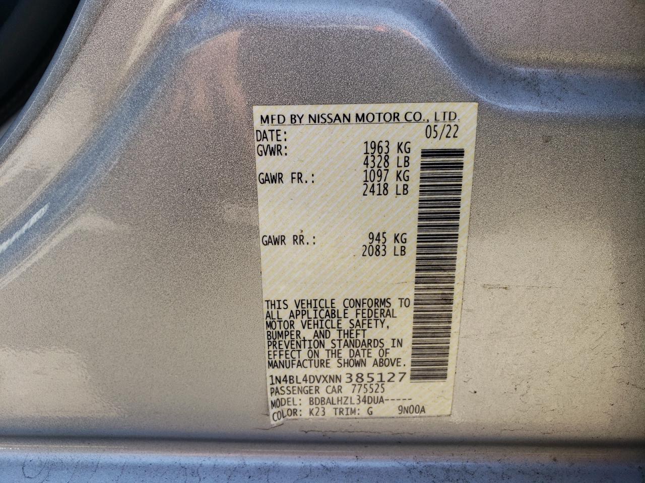 2022 NISSAN ALTIMA SV VIN:1N4BL4DVXNN385127