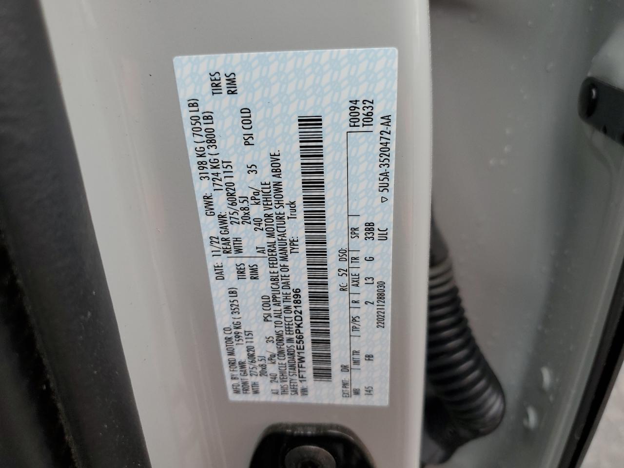 2023 FORD F150 SUPERCREW VIN:1FTFW1E56PKD21896