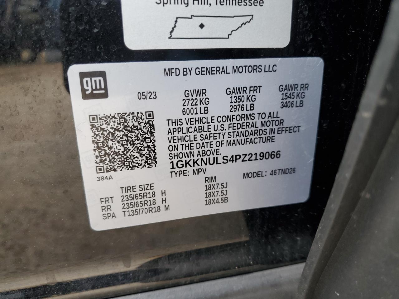2023 GMC ACADIA SLT VIN:1GKKNULS4PZ219066