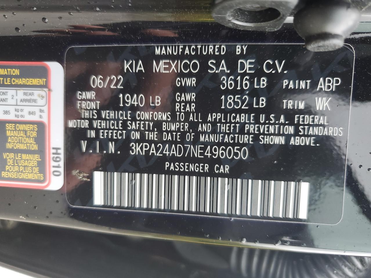 2022 KIA RIO LX VIN:3KPA24AD7NE496050