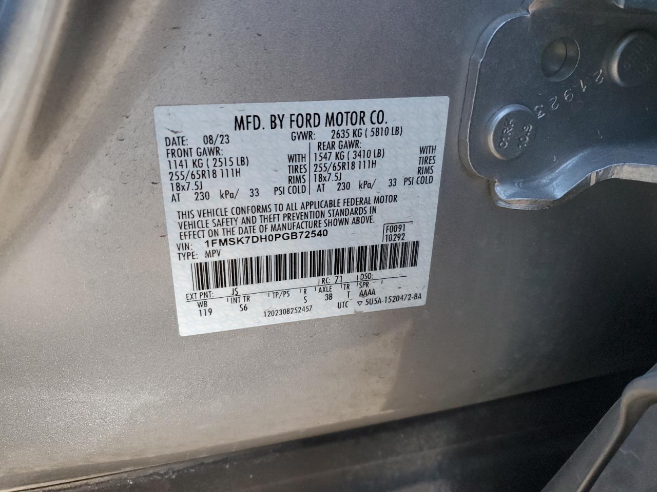 2023 FORD EXPLORER XLT VIN:1FMSK7DH0PGB72540
