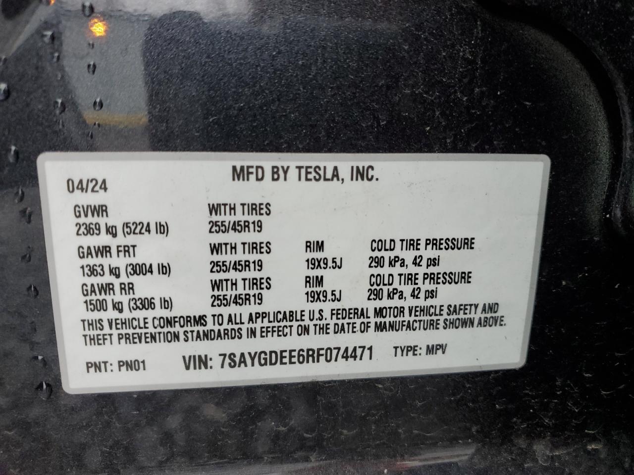 2024 TESLA MODEL Y  VIN:7SAYGDEE6RF074471