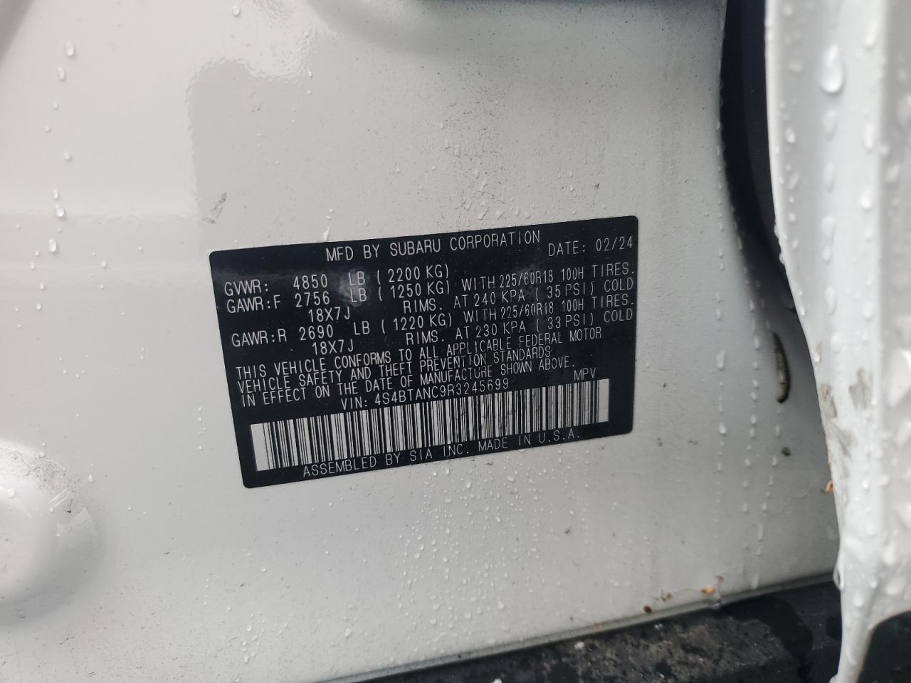 2024 SUBARU OUTBACK LIMITED VIN:4S4BTANC9R3245699