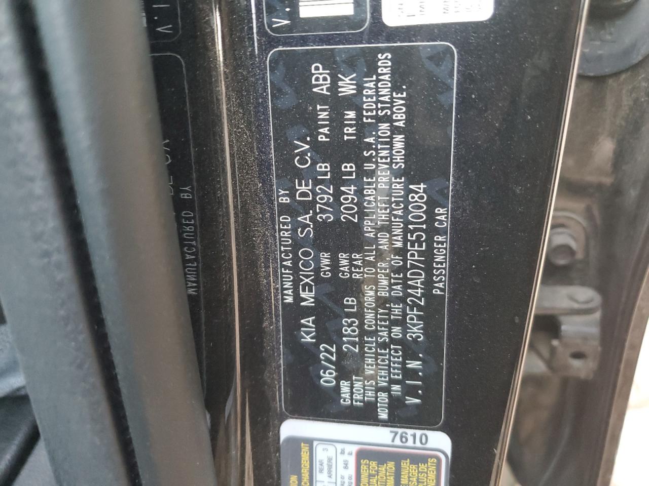 2023 KIA FORTE LX VIN:3KPF24AD7PE510084