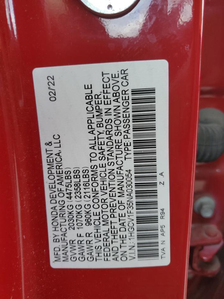 2022 HONDA ACCORD SPORT VIN:1HGCV1F35NA030054