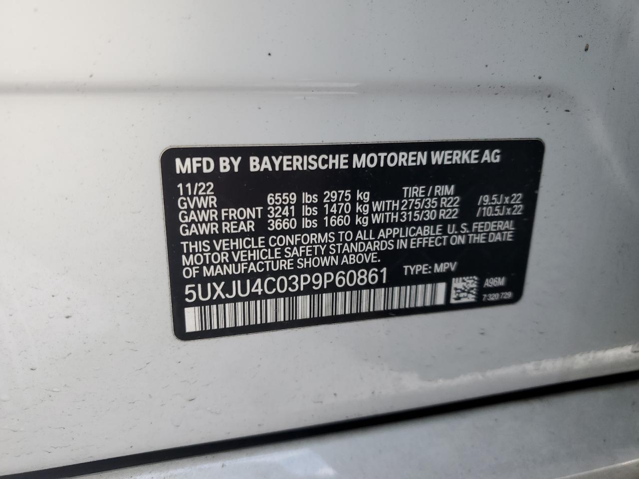 2023 BMW X5 M50I VIN:5UXJU4C03P9P60861