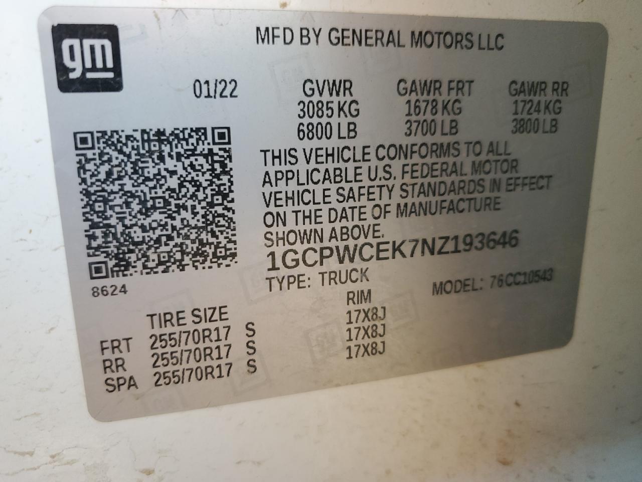 2022 CHEVROLET SILVERADO LTD C1500 LT VIN:1GCPWCEK7NZ193646