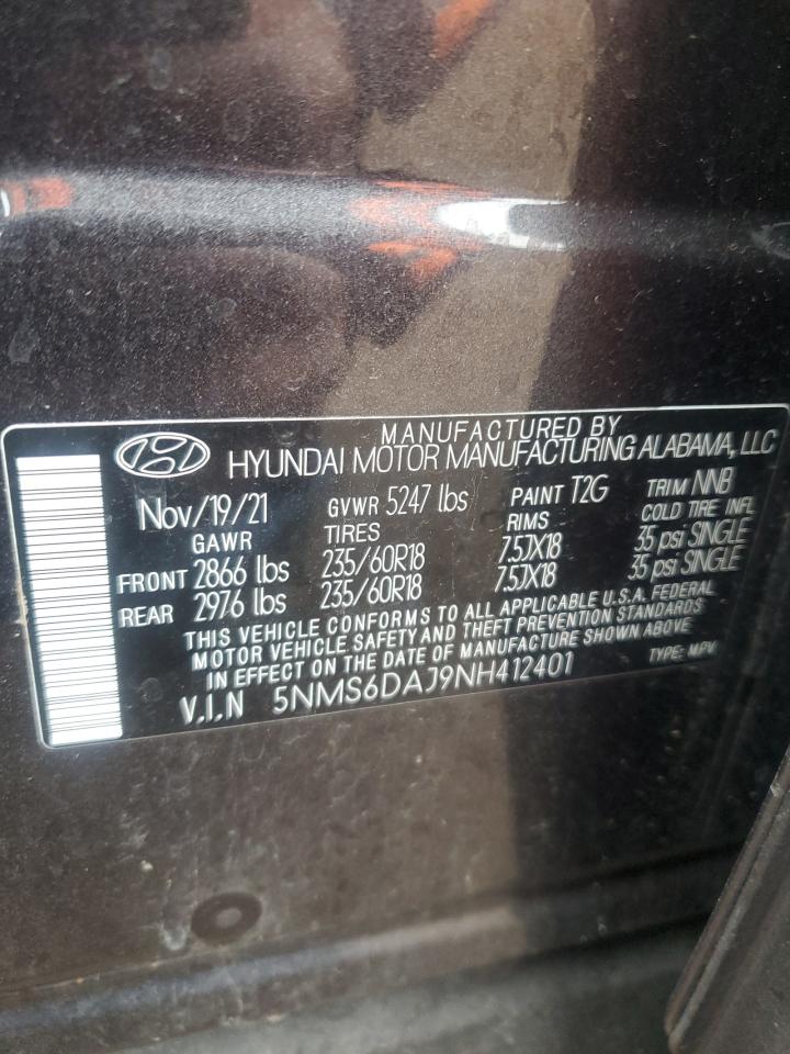 2022 HYUNDAI SANTA FE SEL VIN:5NMS6DAJ9NH412401