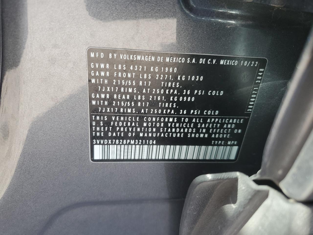 2023 VOLKSWAGEN TAOS S VIN:3VVDX7B28PM321104