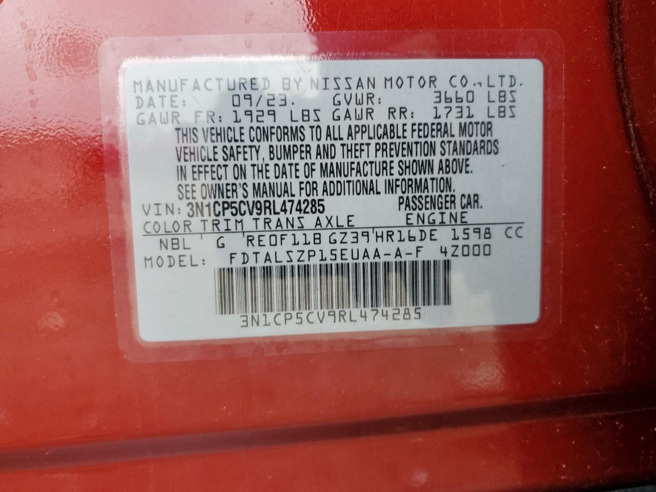 2024 NISSAN KICKS SV VIN:3N1CP5CV9RL474285
