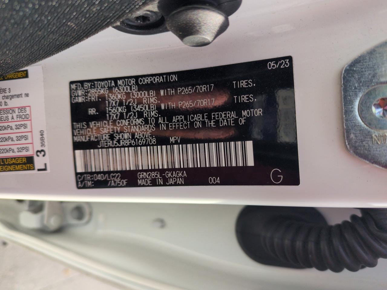 2023 TOYOTA 4RUNNER SE VIN:JTERU5JR8P6169708