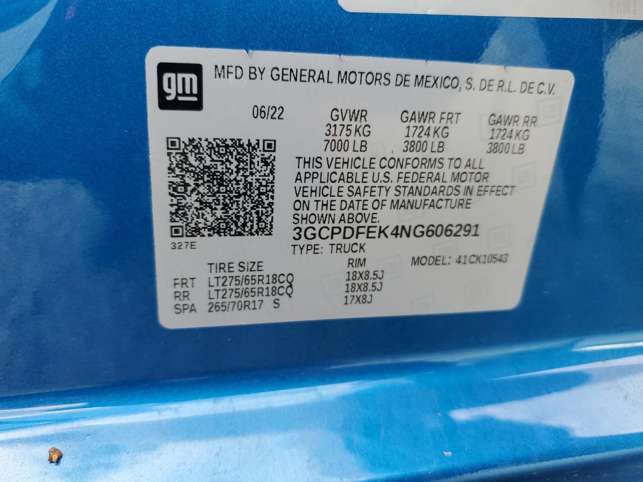 2022 CHEVROLET SILVERADO K1500 LT TRAIL BOSS VIN:3GCPDFEK4NG606291