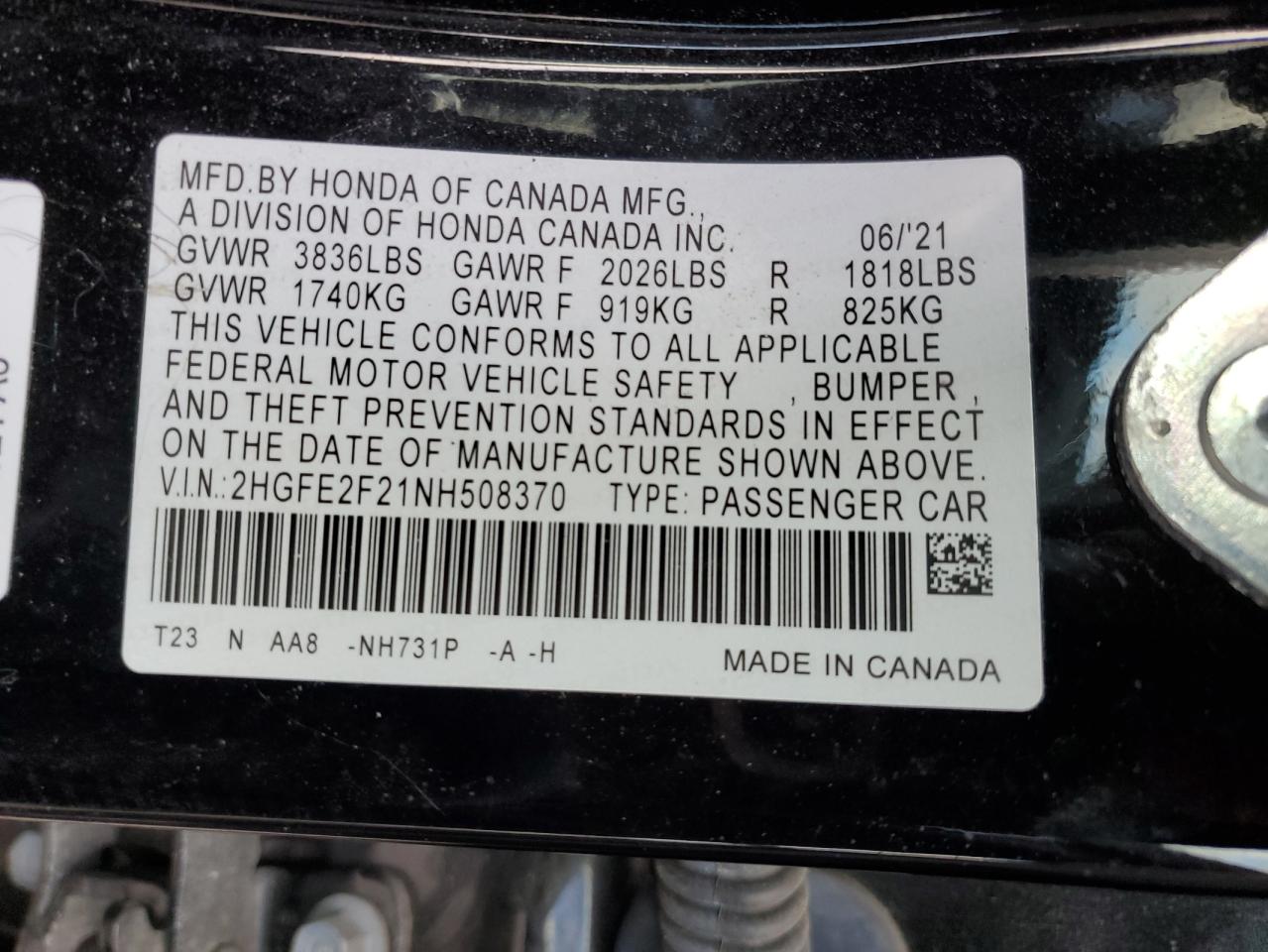 2022 HONDA CIVIC LX VIN:2HGFE2F21NH508370