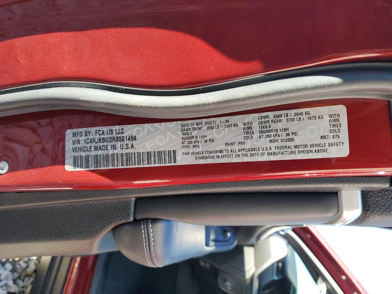2024 JEEP GRAND CHEROKEE L LIMITED VIN:1C4RJKBG0R8501494