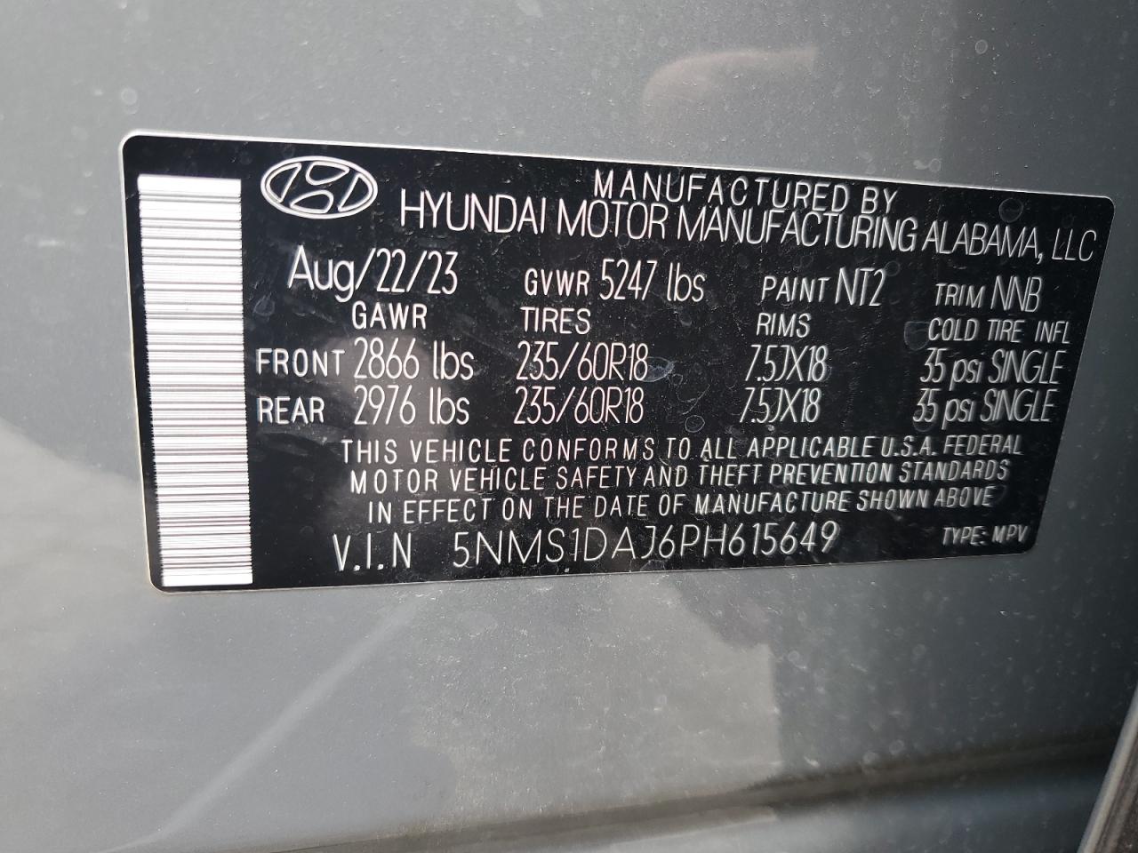 2023 HYUNDAI SANTA FE SE VIN:5NMS1DAJ6PH615649