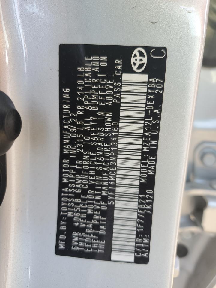 2022 TOYOTA COROLLA XSE VIN:5YFT4MCE3NP134160