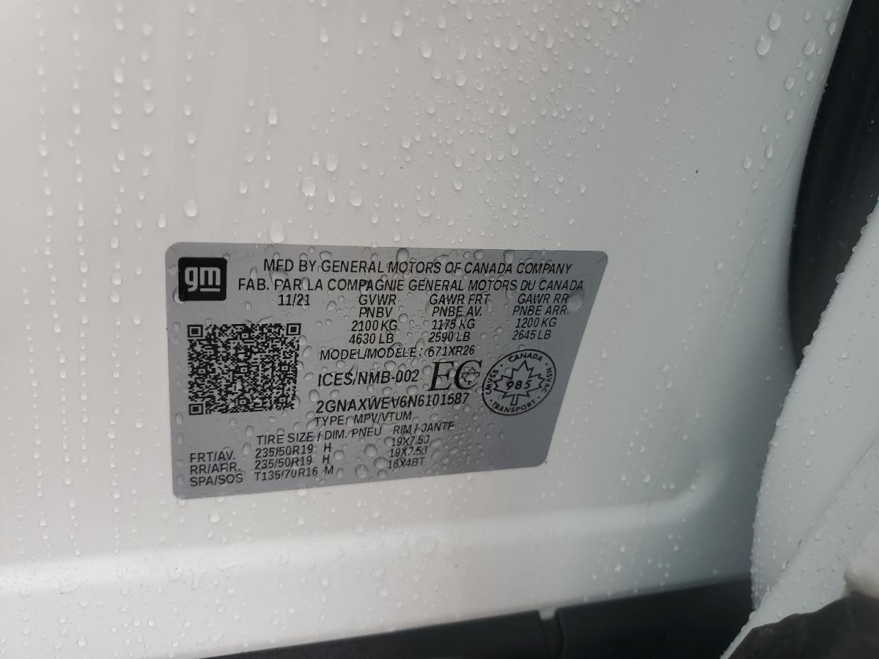 2022 CHEVROLET EQUINOX RS VIN:2GNAXWEV6N6101587