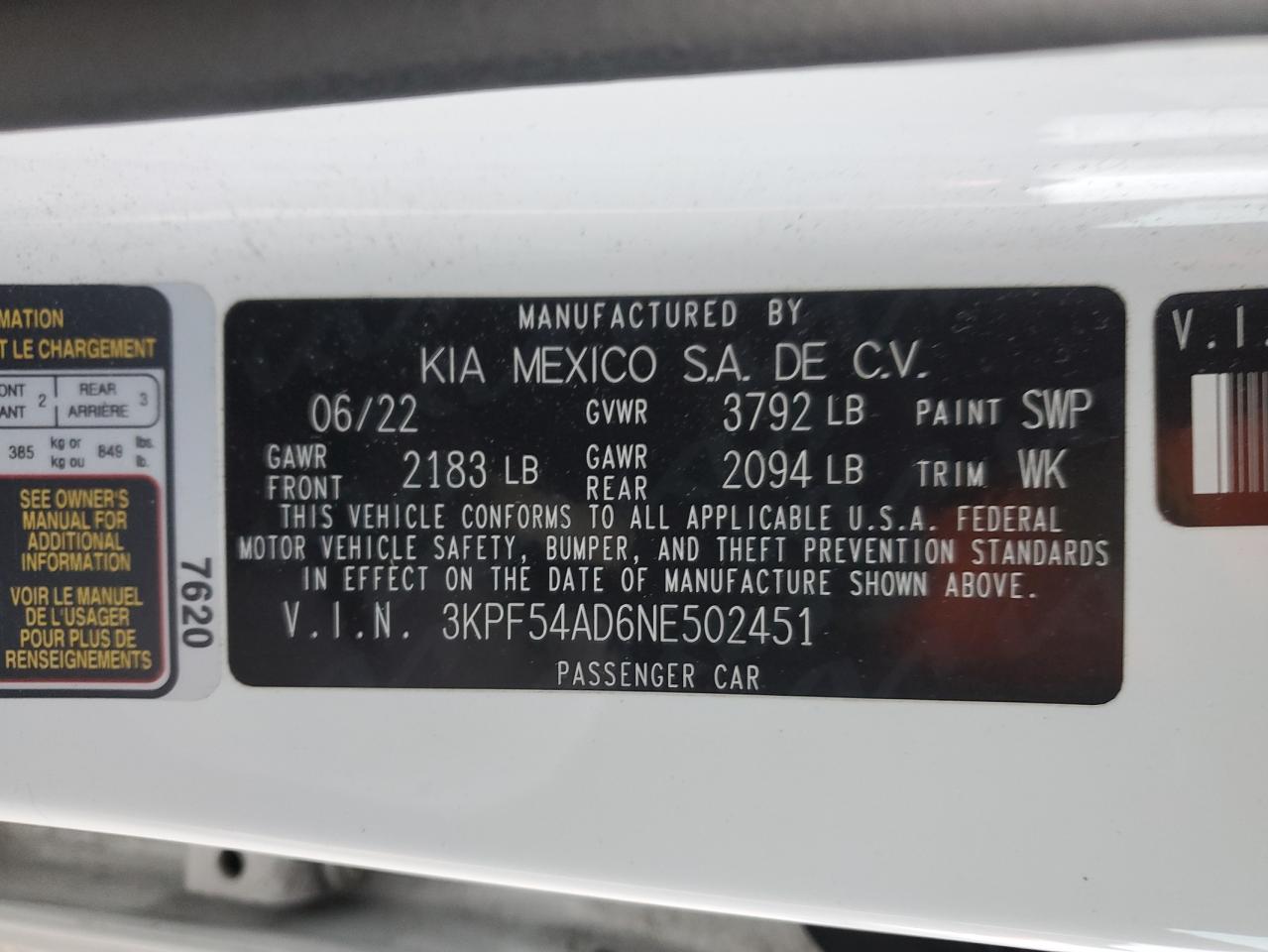 2022 KIA FORTE GT LINE VIN:3KPF54AD6NE502451