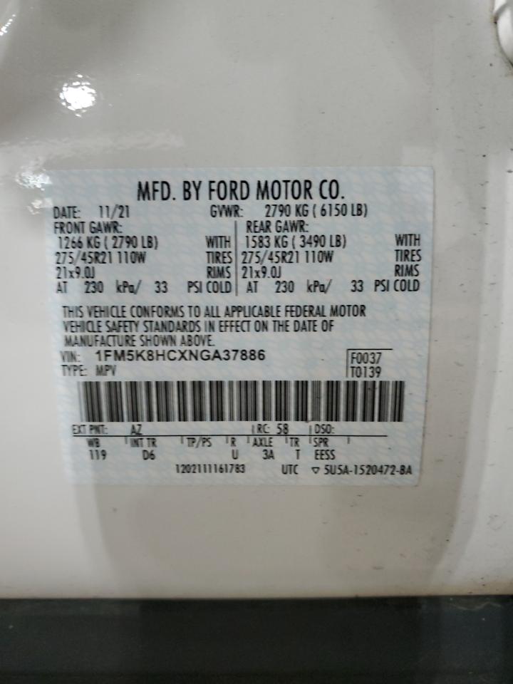2022 FORD EXPLORER PLATINUM VIN:1FM5K8HCXNGA37886