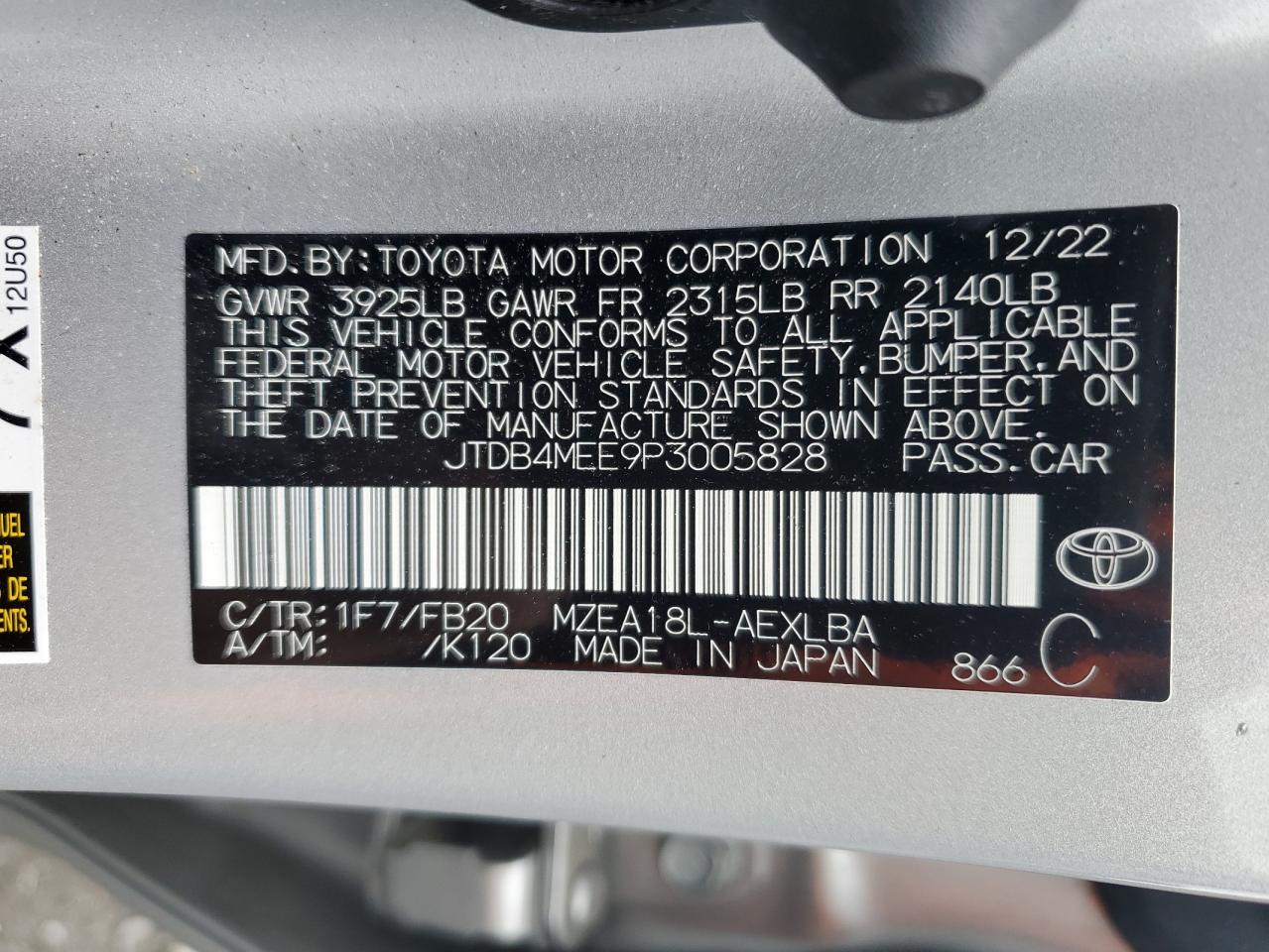 2023 TOYOTA COROLLA LE VIN:JTDB4MEE9P3005828