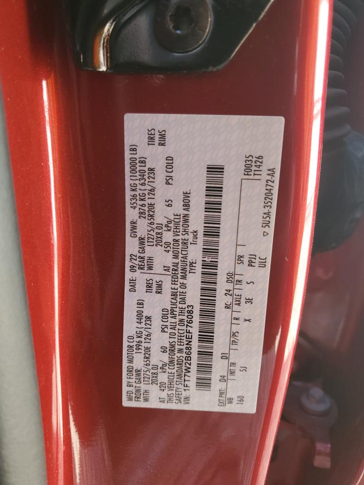 2022 FORD F250 SUPER DUTY VIN:1FT7W2B68NEF76083