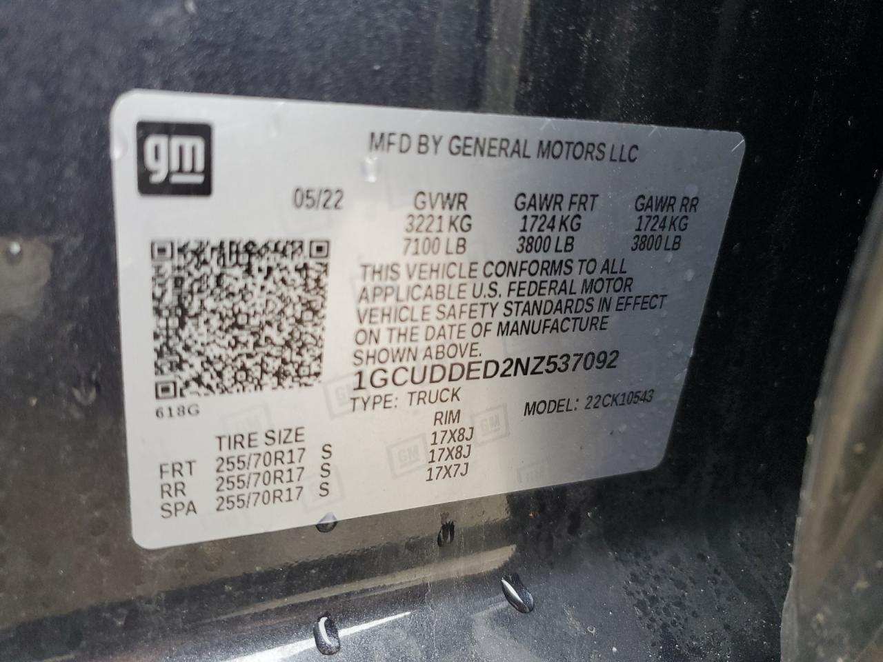 2022 CHEVROLET SILVERADO K1500 LT VIN:1GCUDDED2NZ537092