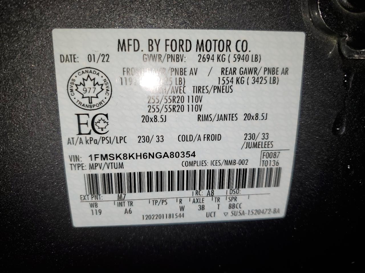 2022 FORD EXPLORER ST-LINE VIN:1FMSK8KH6NGA80354