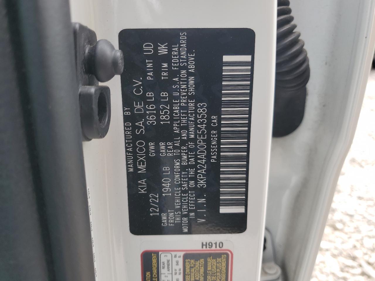 2023 KIA RIO LX VIN:3KPA24AD0PE543583
