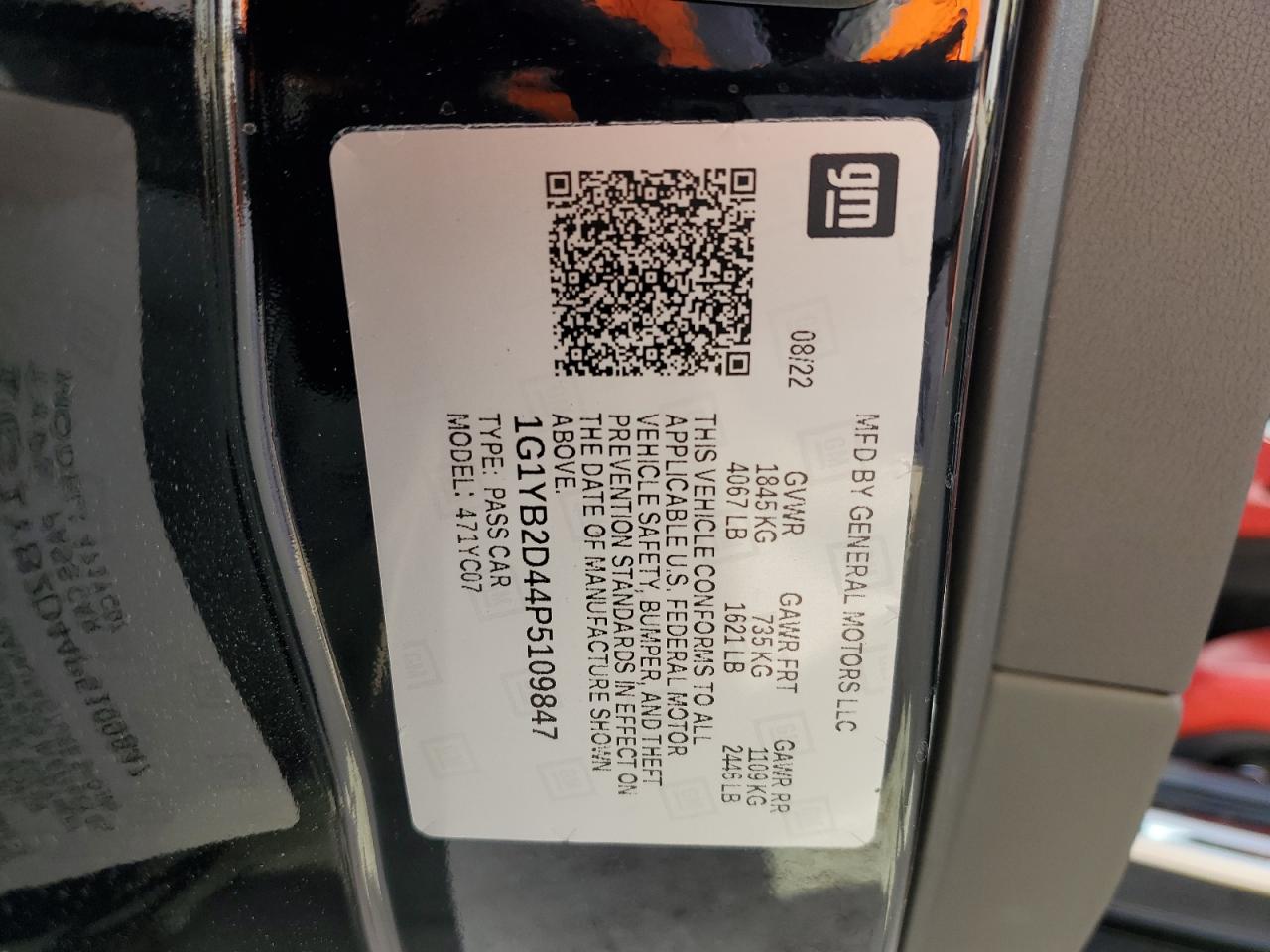 2023 CHEVROLET CORVETTE STINGRAY 2LT VIN:1G1YB2D44P5109847