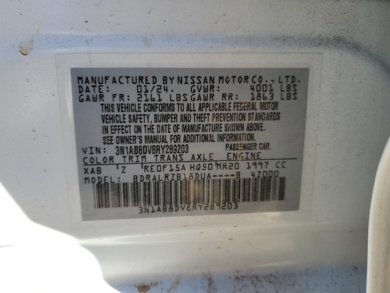 2024 NISSAN SENTRA SR VIN:3N1AB8DV8RY289203