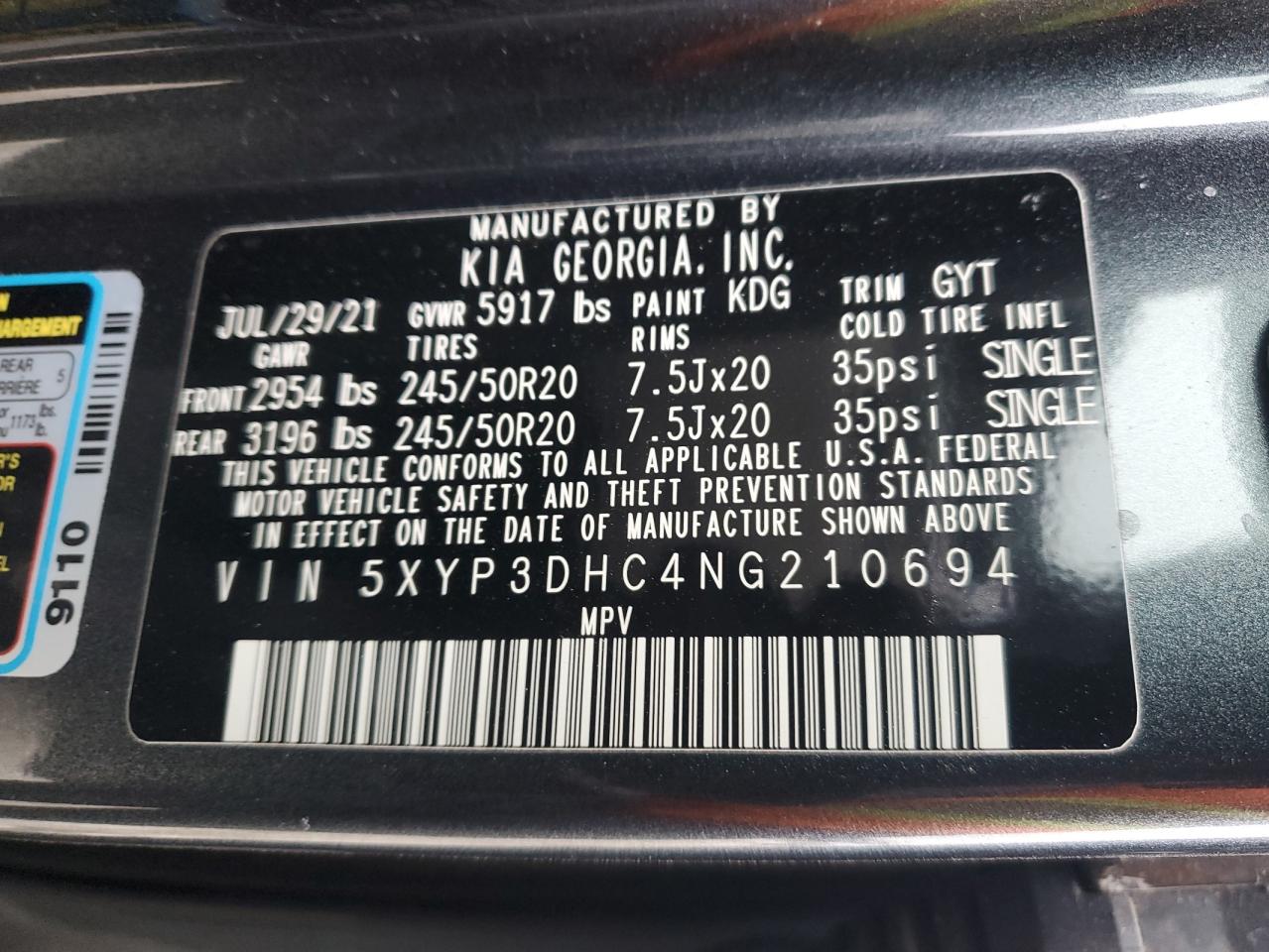 2022 KIA TELLURIDE EX VIN:1FM5K8ARXHGD93385