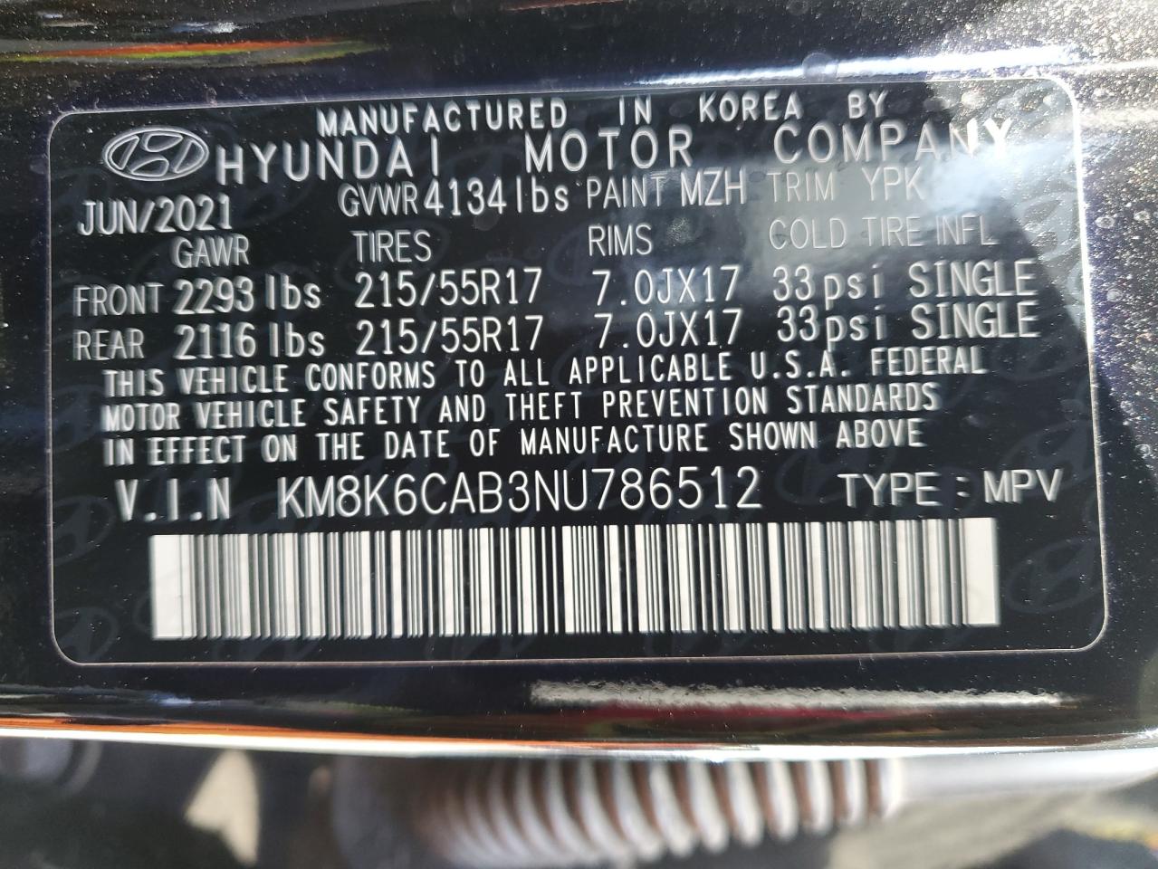 2022 HYUNDAI KONA SEL VIN:KM8K6CAB3NU786512