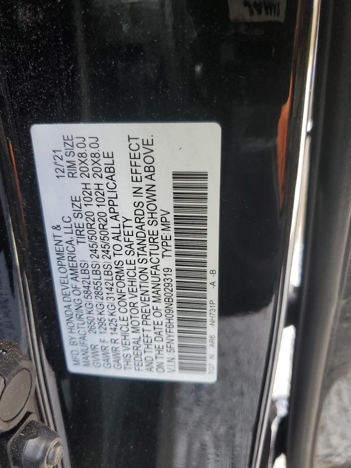 2022 HONDA PILOT ELITE VIN:5FNYF6H09NB029319