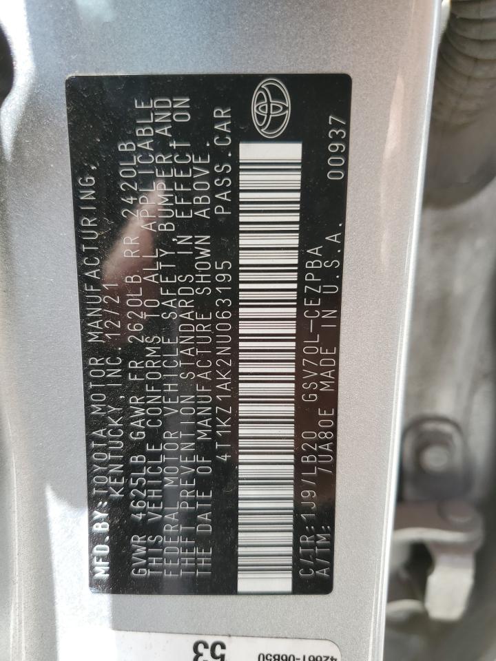 2022 TOYOTA CAMRY TRD VIN:4T1KZ1AK2NU063195