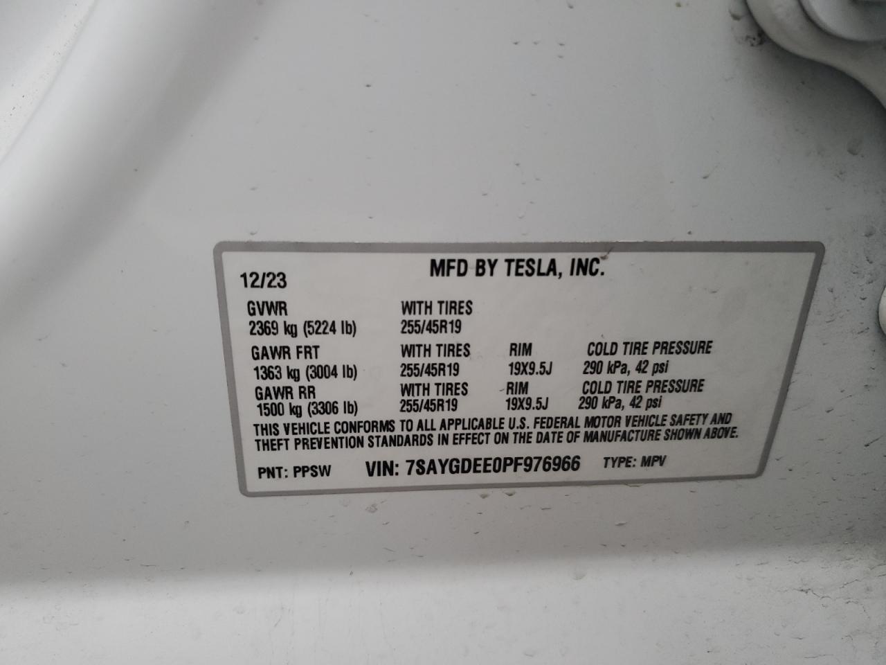 2023 TESLA MODEL Y  VIN:7SAYGDEE0PF976966