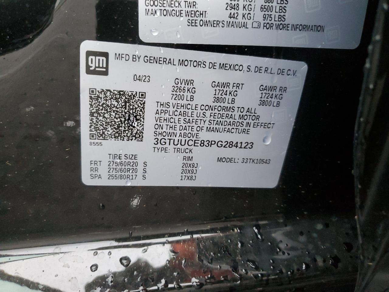 2023 GMC SIERRA K1500 ELEVATION VIN:3GTUUCE83PG284123
