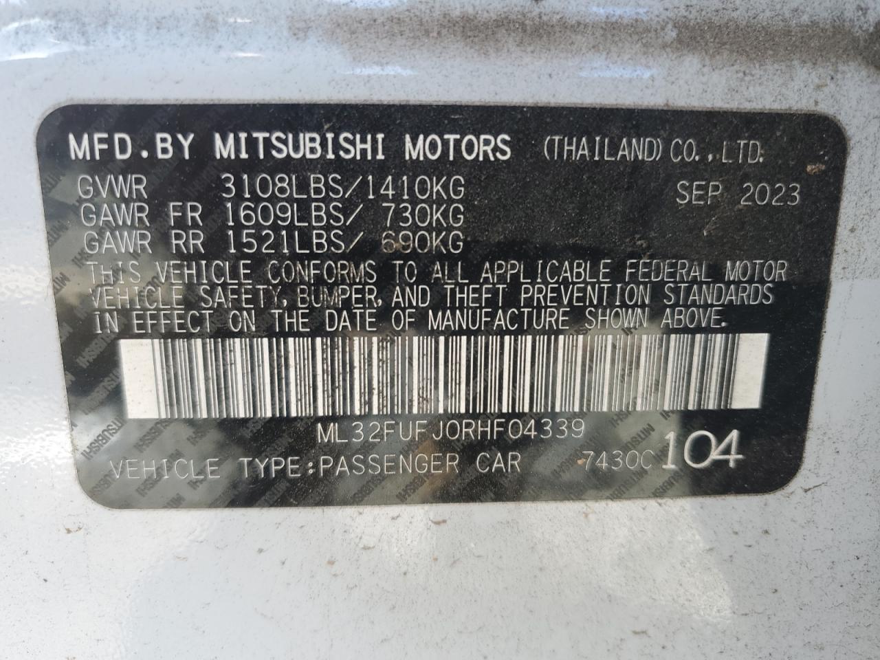 2024 MITSUBISHI MIRAGE G4 ES VIN:ML32FUFJ0RHF04339