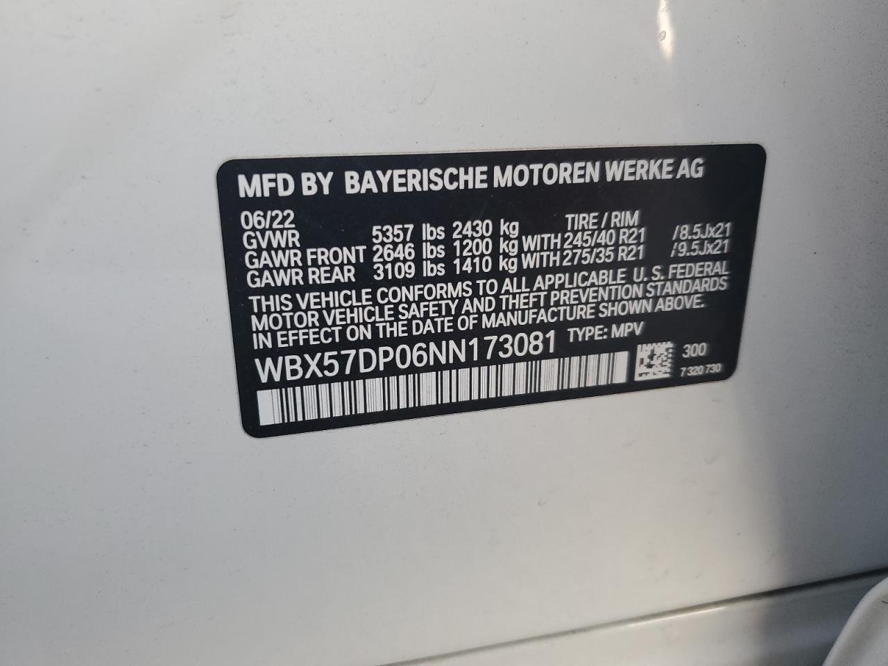 2022 BMW X3 XDRIVE30I VIN:WBX57DP06NN173081