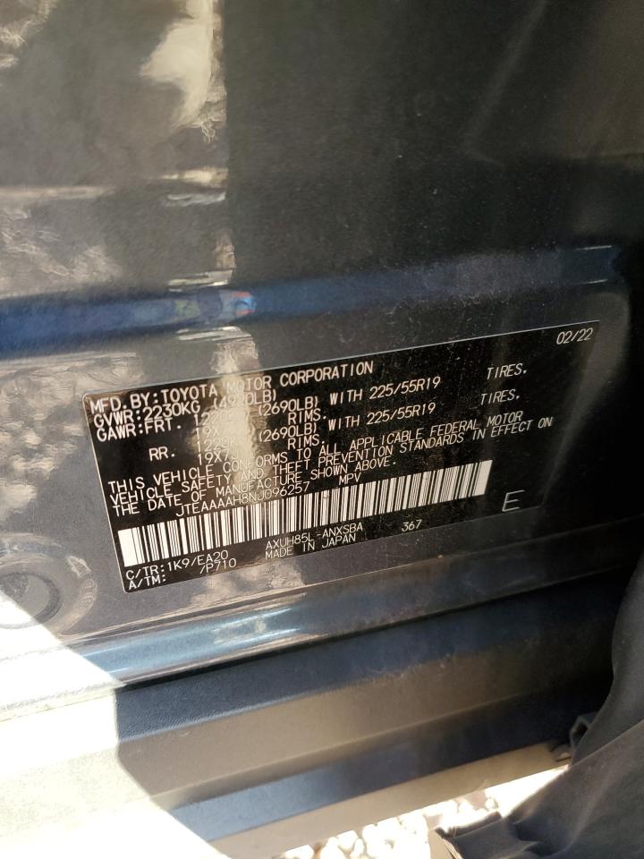 2022 TOYOTA VENZA LE VIN:JTEAAAAH8NJ096257