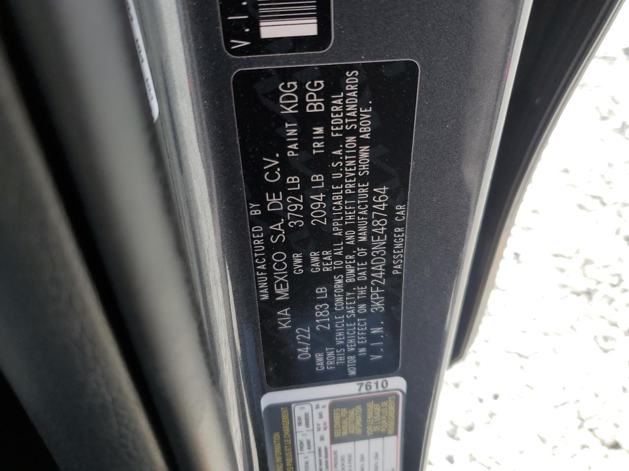 2022 KIA FORTE FE VIN:3KPF24AD3NE487464
