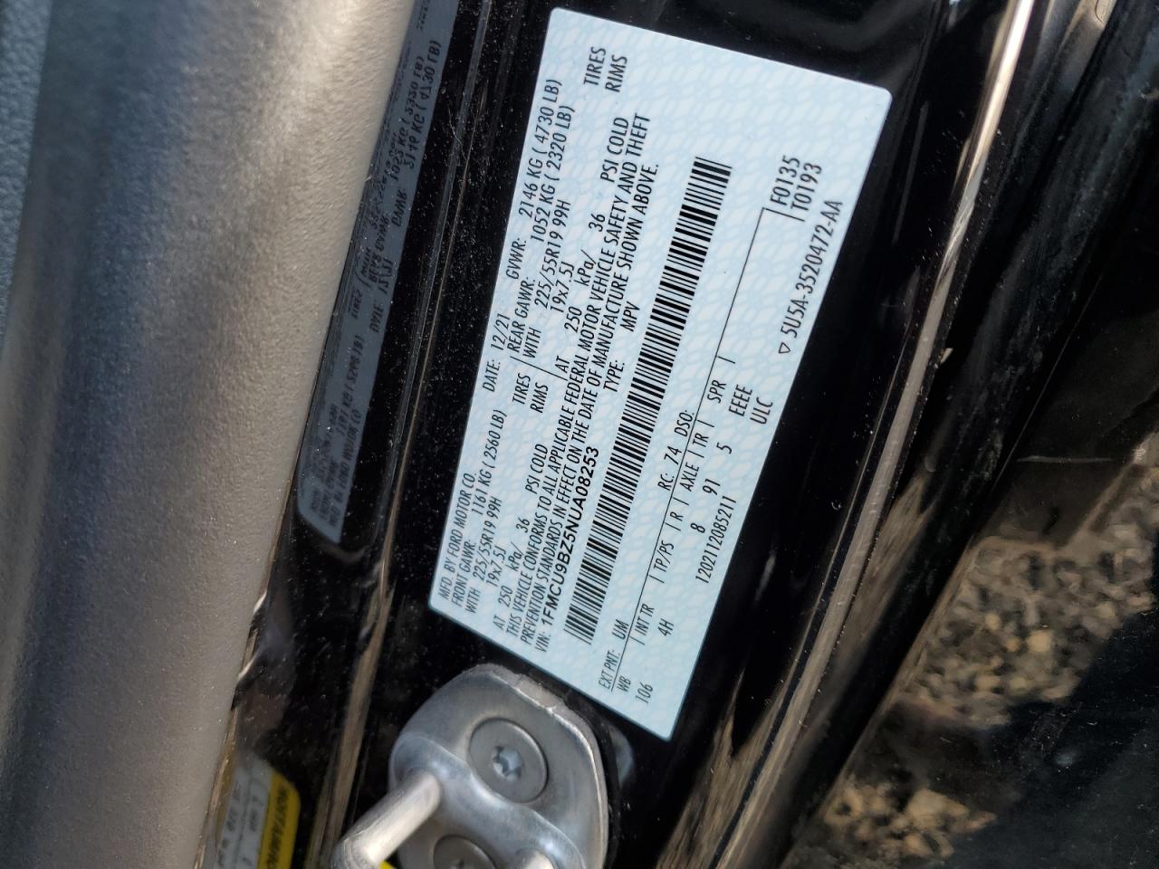 2022 FORD ESCAPE SE VIN:1FMCU9BZ5NUA08253