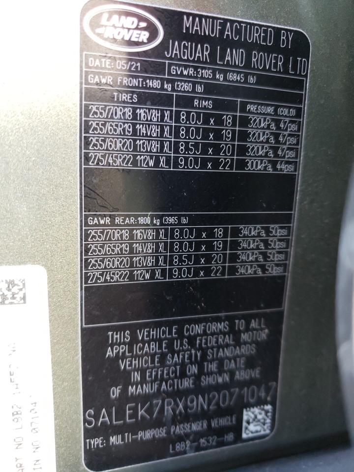 2022 LAND ROVER DEFENDER 110 VIN:SALEK7RX9N2071047