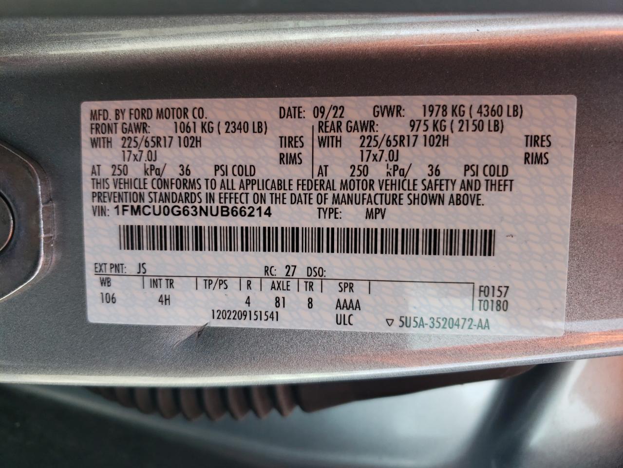 2022 FORD ESCAPE SE VIN:1FMCU0G63NUB66214