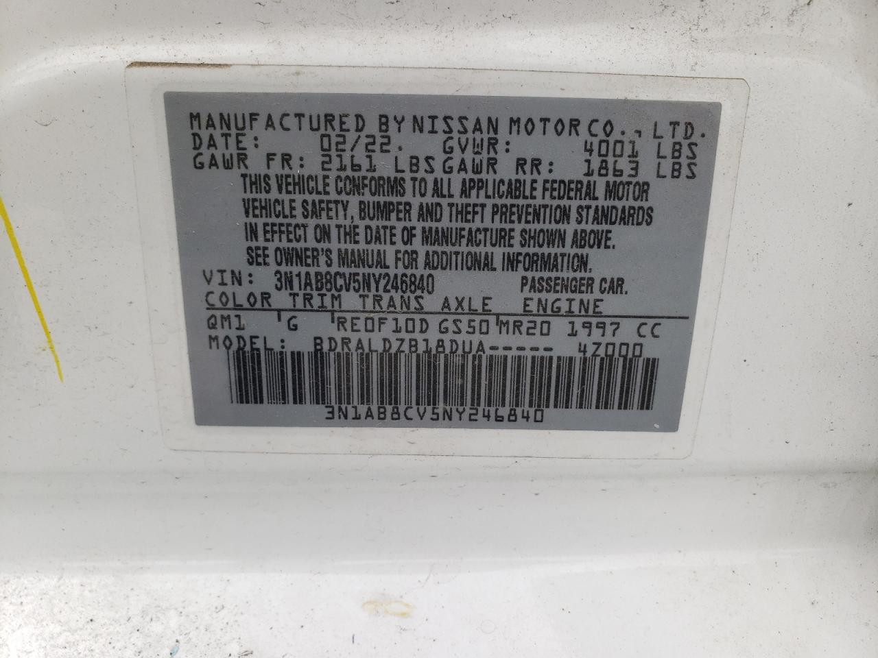 2022 NISSAN SENTRA SV VIN:3N1AB8CV5NY246840