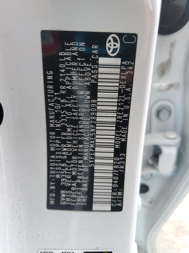 2022 TOYOTA COROLLA LE VIN:5YFEPMAE5NP289098