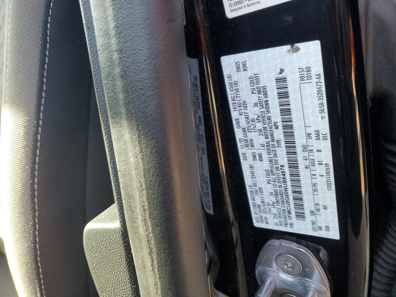 2022 FORD ESCAPE SE VIN:1FMCU0G60NUB84878