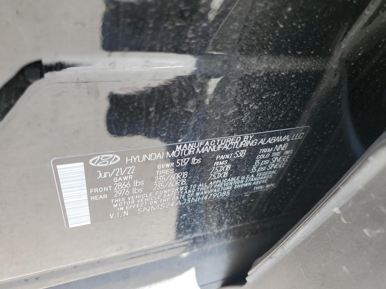 2022 HYUNDAI SANTA FE SEL VIN:5NMS24AJ3NH479085