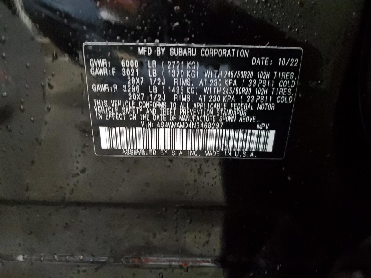 2022 SUBARU ASCENT LIMITED VIN:4S4WMAMD4N3468297