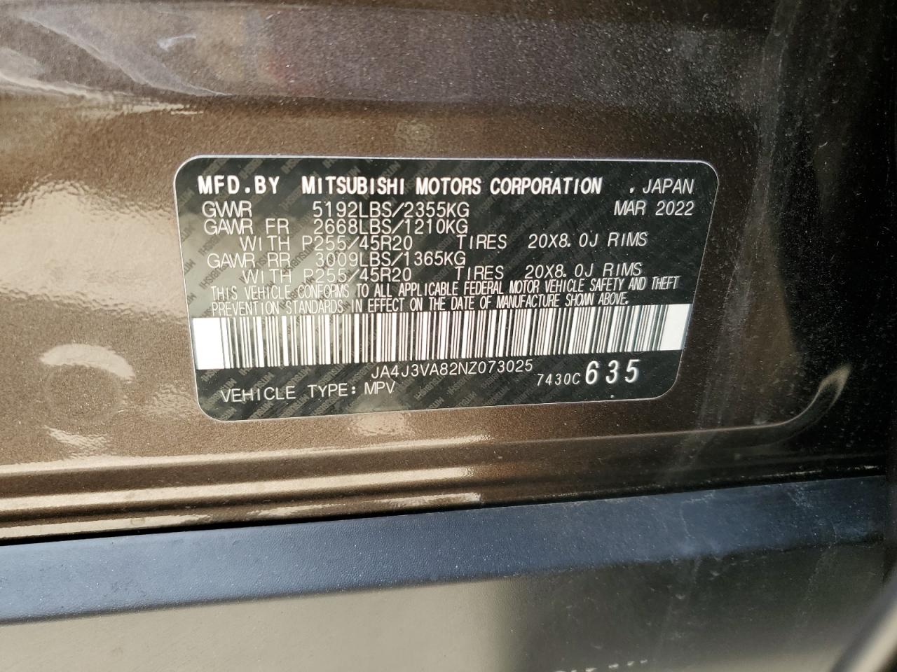 2022 MITSUBISHI OUTLANDER SEL VIN:JA4J3VA82NZ073025